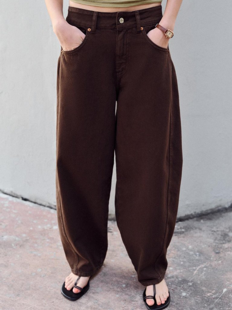 Zara Brown High Waist Baggy Barrel Leg Jeans Wide Curved Seam Denim